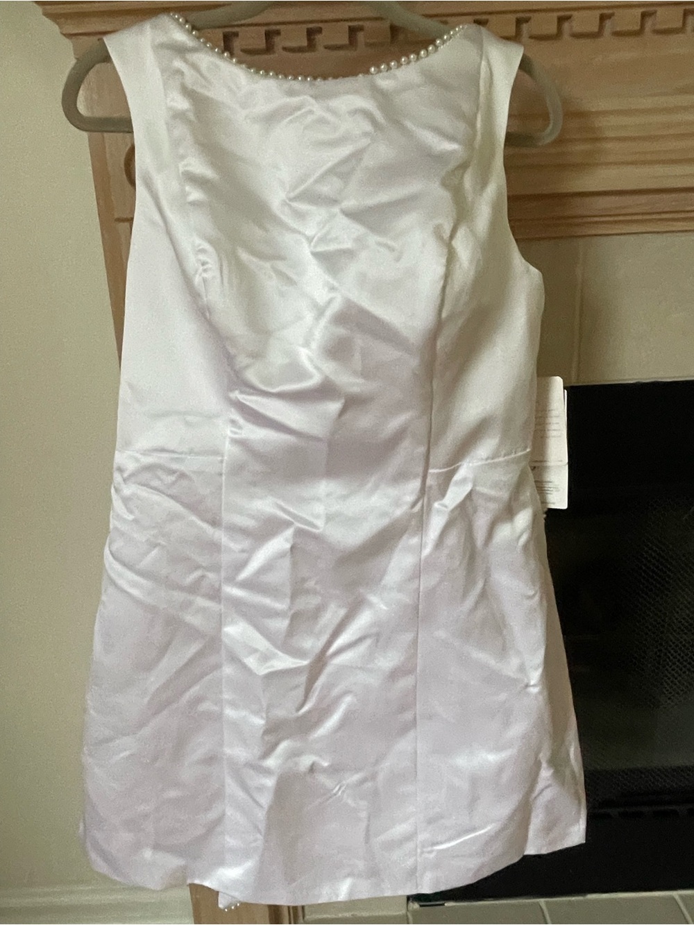 Sleeveless Pearl-Trim White Satin Shift Dress